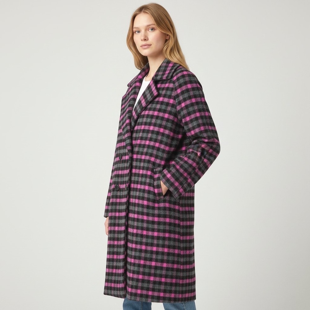 AVEC LES FILLES Pink Grey Plaid Walker Double Breasted Wool Long Coat Small EUC